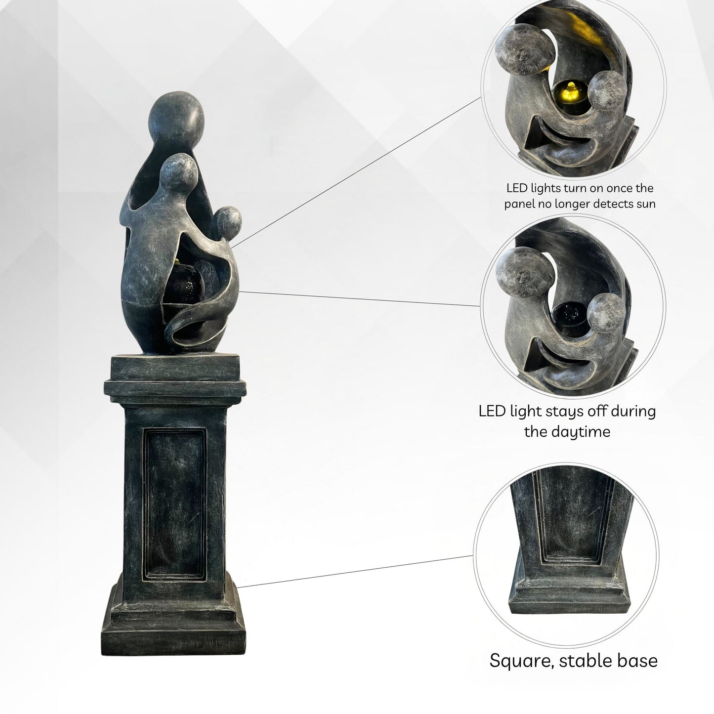 Sculptural Resin Fountain with Pedestal Base and LED Lights – Indoor/Outdoor Modern Water Feature