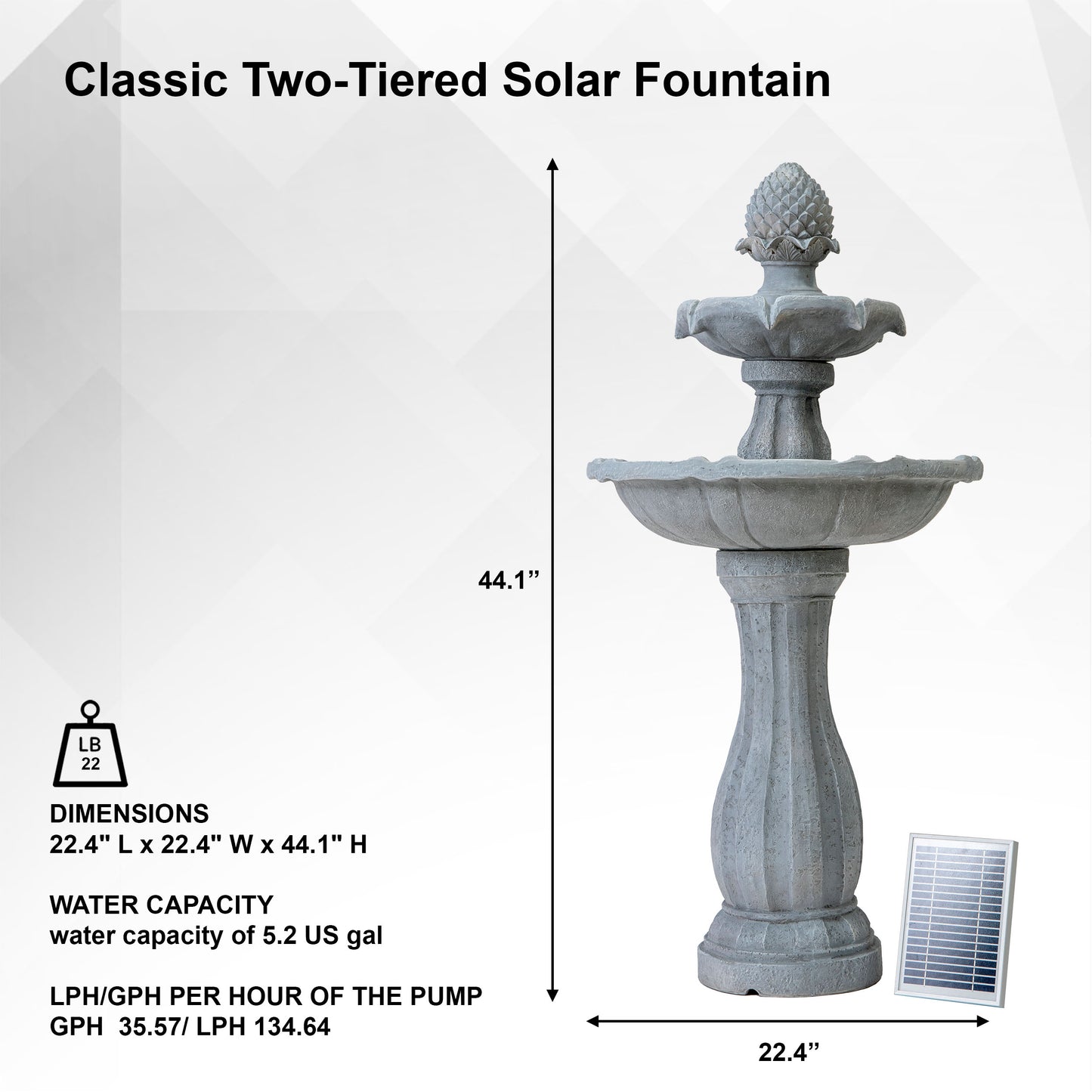 Solar Fountain 44" Tall - White 2-Tier Solar Water Fountain – Elegant Outdoor Feature with Solar Panel & Pump