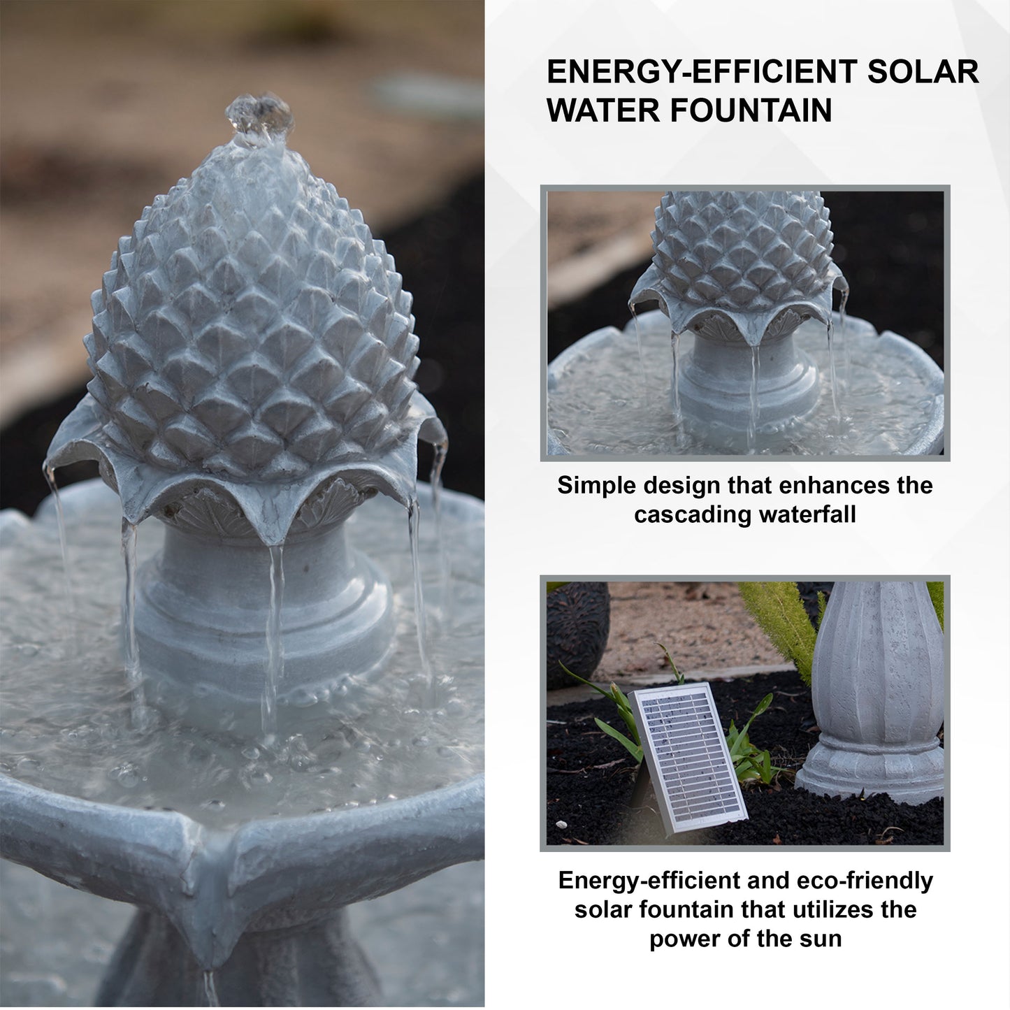 Solar Fountain 44" Tall - White 2-Tier Solar Water Fountain – Elegant Outdoor Feature with Solar Panel & Pump