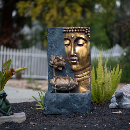 30" Zen Buddha Face Water Fountain w/ LED light & Pump Natural Polyresin