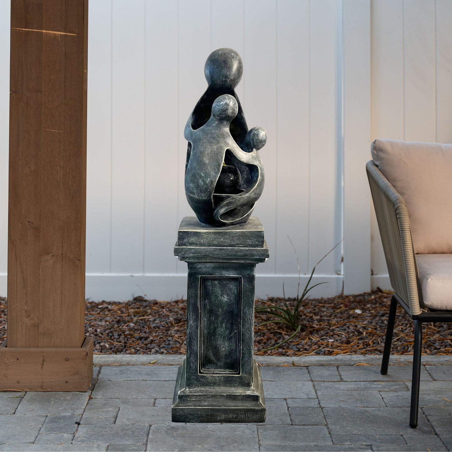 Sculptural Resin Fountain with Pedestal Base and LED Lights – Indoor/Outdoor Modern Water Feature