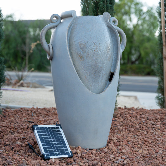 34" Solar Pot Fountain, Amphora-Inspired Design, Outdoor Water Fountain, Polyresin, Gray