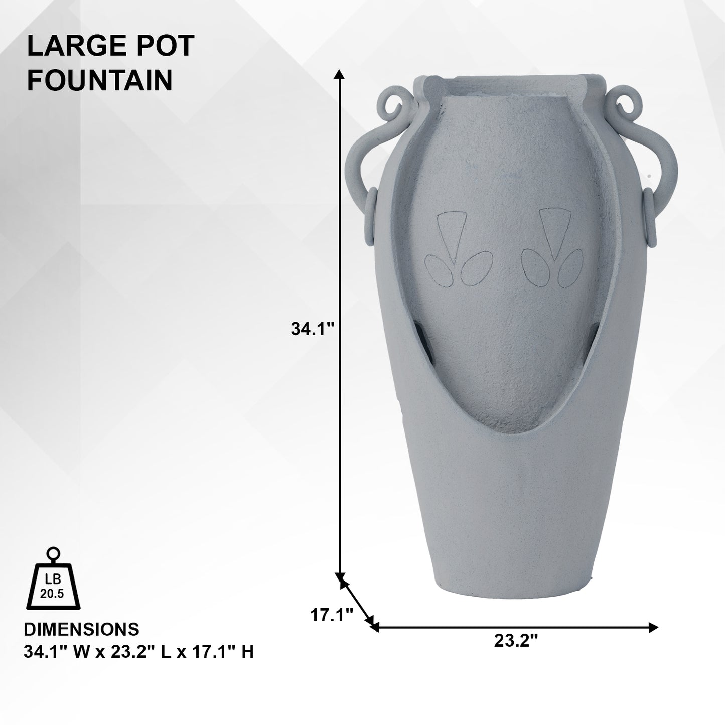 34" Solar Pot Fountain, Amphora-Inspired Design, Outdoor Water Fountain, Polyresin, Gray