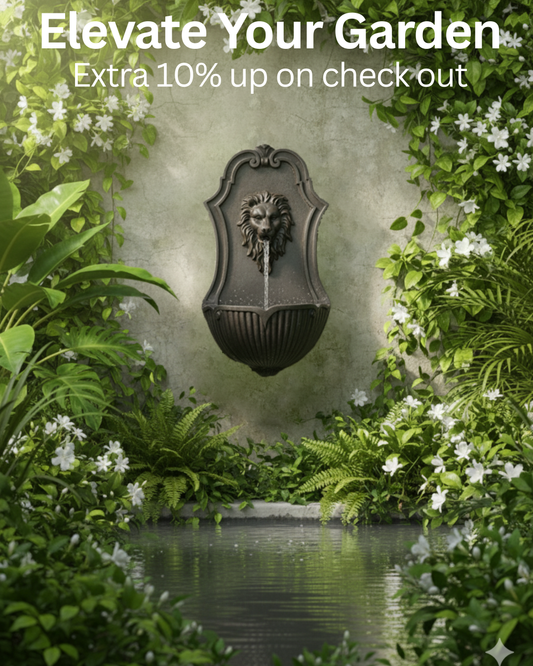 30" Solar-Powered Wall-Mounted Lion Head Fountain, Resin, Outdoor, Gray