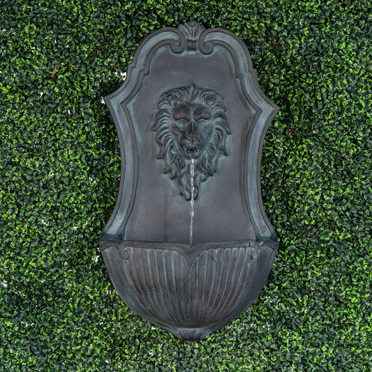 30" Solar-Powered Wall-Mounted Lion Head Fountain, Resin, Outdoor, Gray