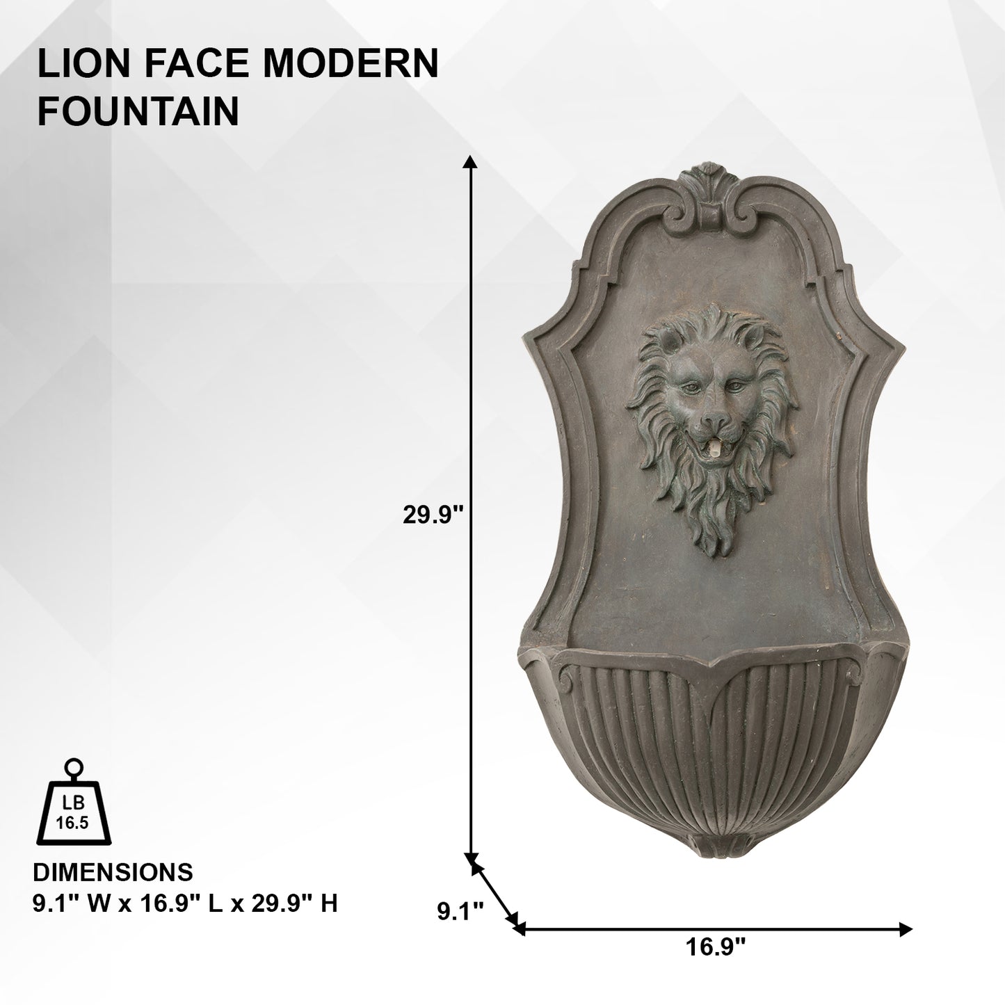 30" Solar-Powered Wall-Mounted Lion Head Fountain, Resin, Outdoor, Gray