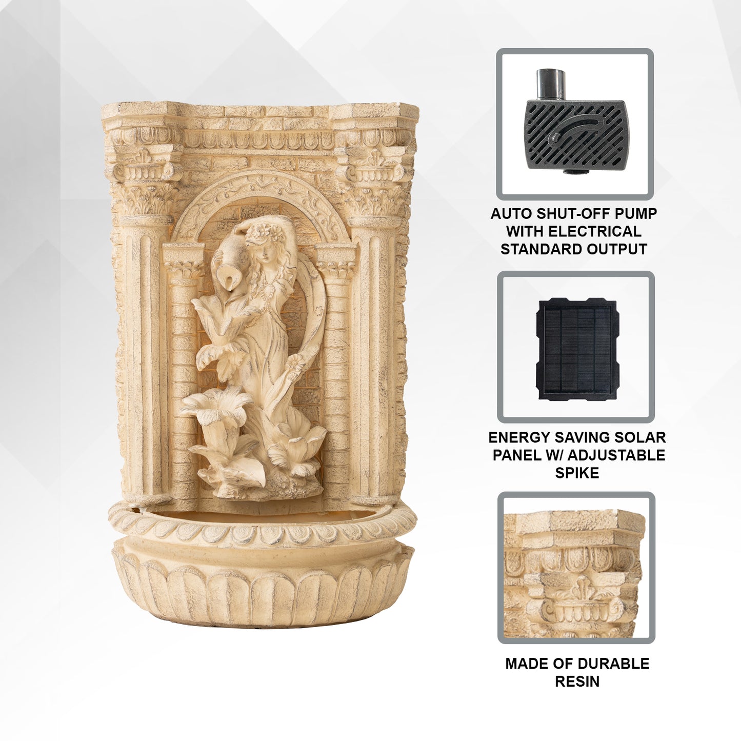 30.3" Solar Pot Fountain, Tall Brown Maiden Holding Pot Wall Fountain, Outdoor Water Fountain, Polyresin