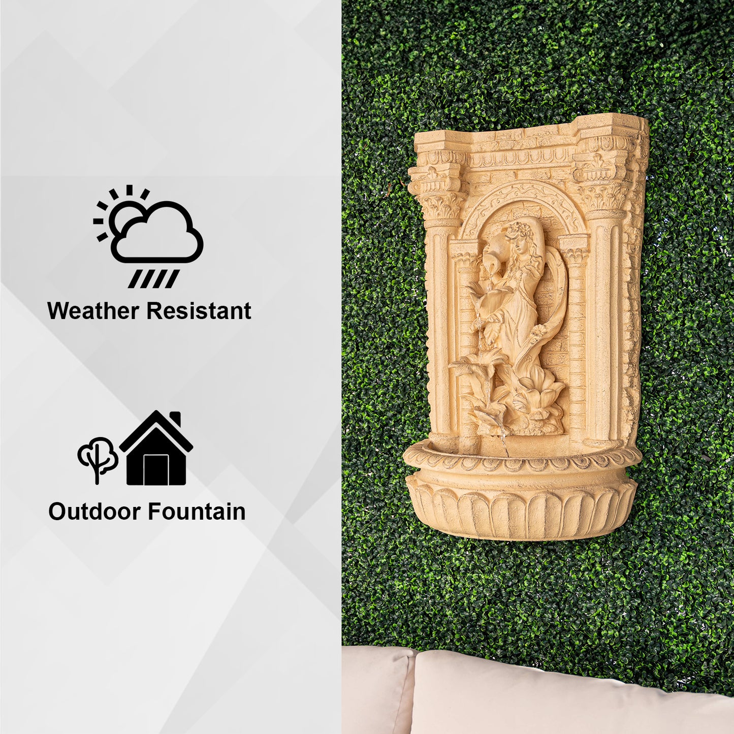 30.3" Solar Pot Fountain, Tall Brown Maiden Holding Pot Wall Fountain, Outdoor Water Fountain, Polyresin