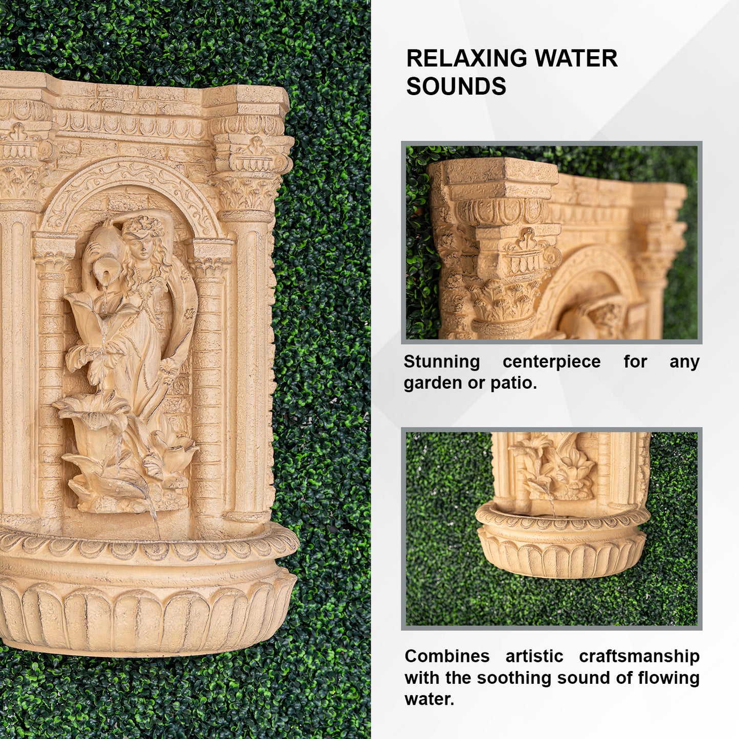 30.3" Solar Pot Fountain, Tall Brown Maiden Holding Pot Wall Fountain, Outdoor Water Fountain, Polyresin