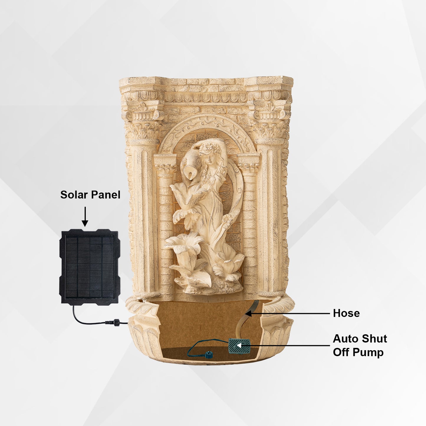 30.3" Solar Pot Fountain, Tall Brown Maiden Holding Pot Wall Fountain, Outdoor Water Fountain, Polyresin