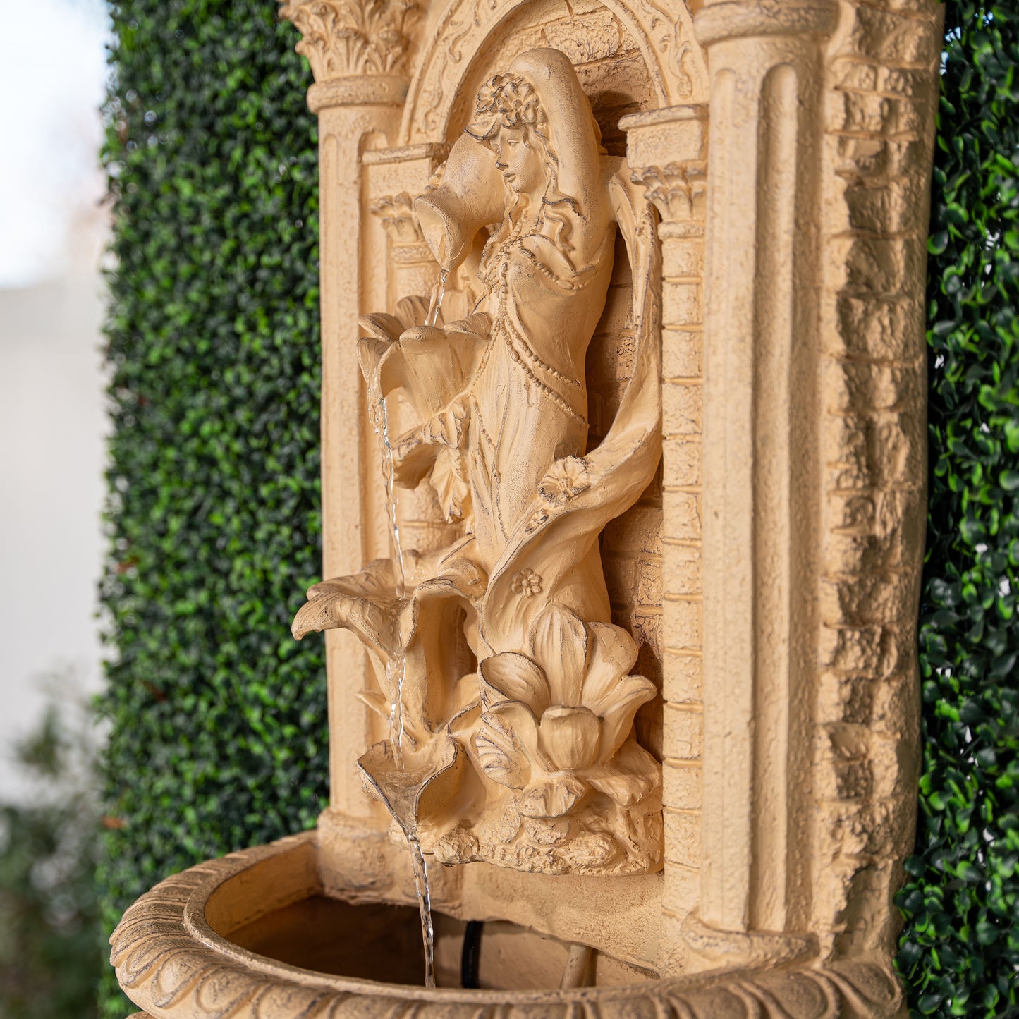 30.3" Solar Pot Fountain, Tall Brown Maiden Holding Pot Wall Fountain, Outdoor Water Fountain, Polyresin