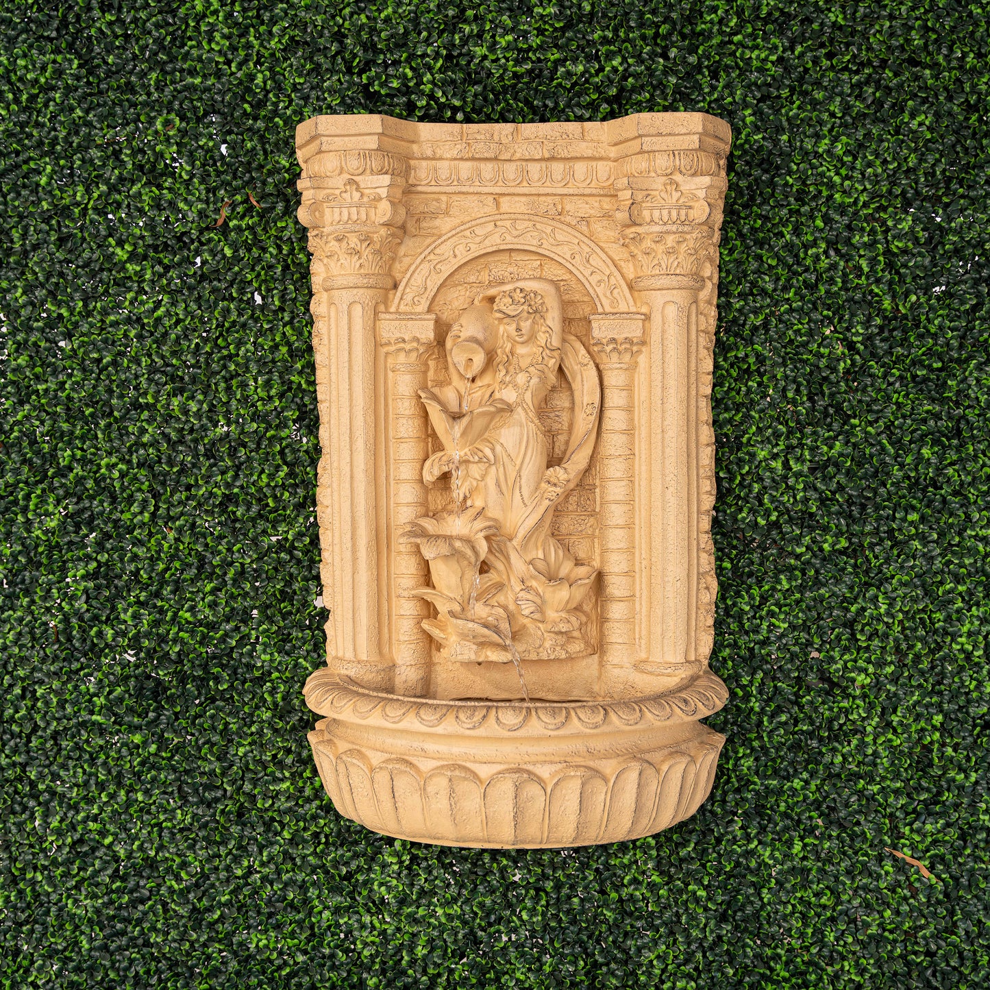 30.3" Solar Pot Fountain, Tall Brown Maiden Holding Pot Wall Fountain, Outdoor Water Fountain, Polyresin