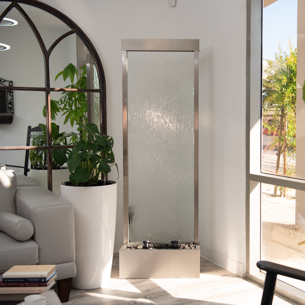 Crystal Cascade — 72" Steel Glass Fountain, styled in a garden patio setting