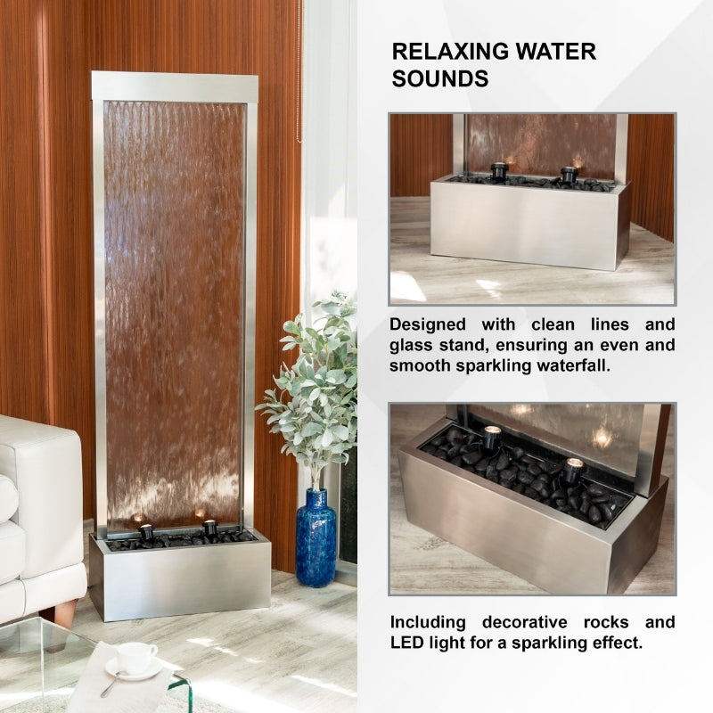 Mirror Horizon — 68" Stainless Steel Mirror Fountain key features infographic