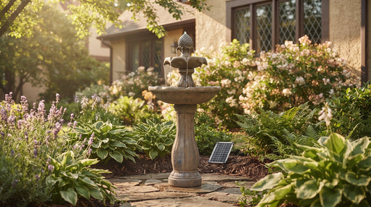 A garden fountain positioned in a balanced, sunlit corner of a backyard