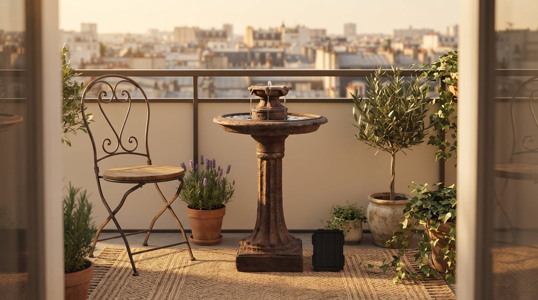 A compact solar birdbath fountain fitting naturally on a small apartment balcony