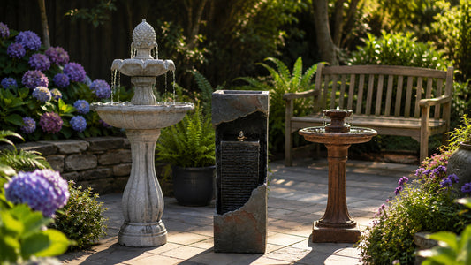 Three garden fountains of different sizes shown side by side for comparison