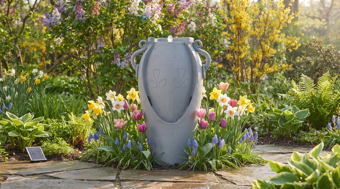 An amphora-style garden fountain surrounded by fresh spring tulips and daffodils