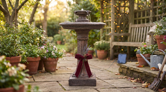 A solar birdbath fountain with a simple ribbon, presented as a gift