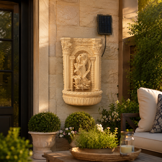 30.3" Solar Pot Fountain, Tall Brown Maiden Holding Pot Wall Fountain, Outdoor Water Fountain, Polyresin