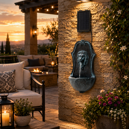 30" Solar-Powered Wall-Mounted Lion Head Fountain, Resin, Outdoor, Gray