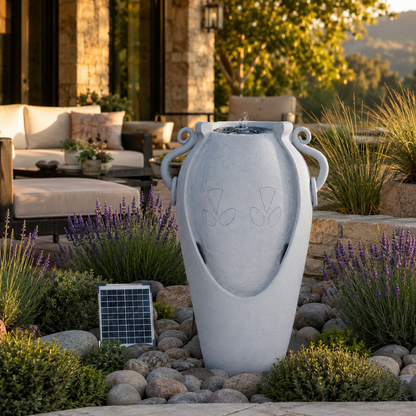 34" Solar Pot Fountain, Amphora-Inspired Design, Outdoor Water Fountain, Polyresin, Gray