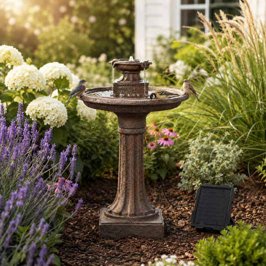 Solar Fountain 28" Tall - Brown Solar Birdbath Fountain – Outdoor Water Feature with Solar Panel & Pump