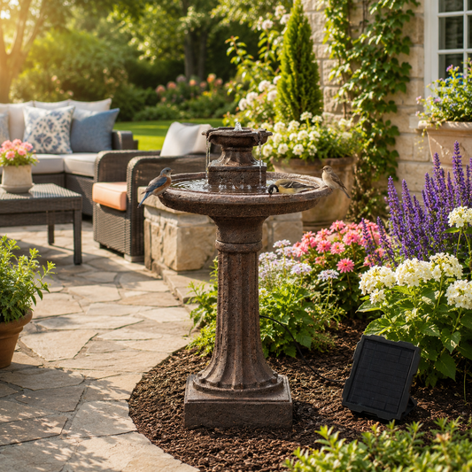Solar Fountain 28" Tall - Brown Solar Birdbath Fountain – Outdoor Water Feature with Solar Panel & Pump