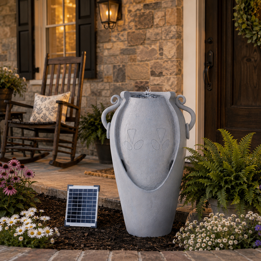 34" Solar Pot Fountain, Amphora-Inspired Design, Outdoor Water Fountain, Polyresin, Gray