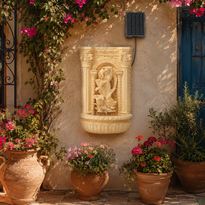 30.3" Solar Pot Fountain, Tall Brown Maiden Holding Pot Wall Fountain, Outdoor Water Fountain, Polyresin