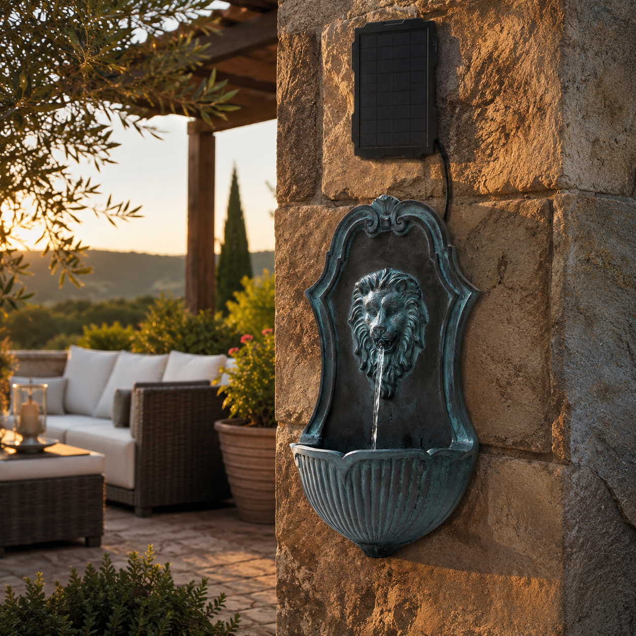 30" Solar-Powered Wall-Mounted Lion Head Fountain, Resin, Outdoor, Gray