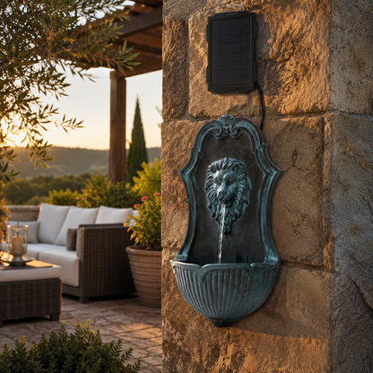 30" Solar-Powered Wall-Mounted Lion Head Fountain, Resin, Outdoor, Gray