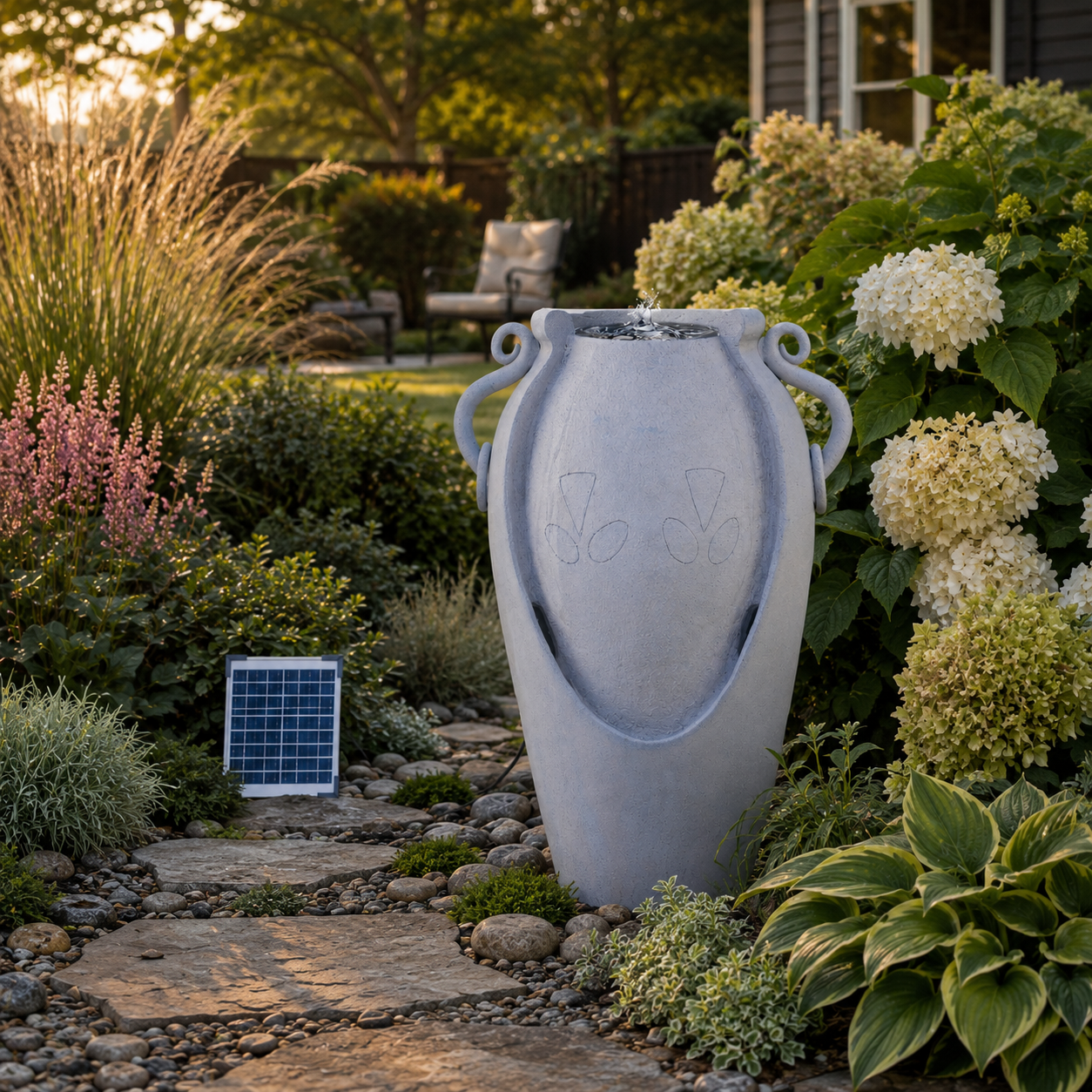 34" Solar Pot Fountain, Amphora-Inspired Design, Outdoor Water Fountain, Polyresin, Gray