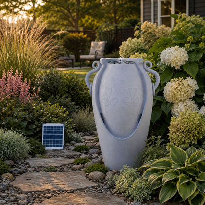 34" Solar Pot Fountain, Amphora-Inspired Design, Outdoor Water Fountain, Polyresin, Gray