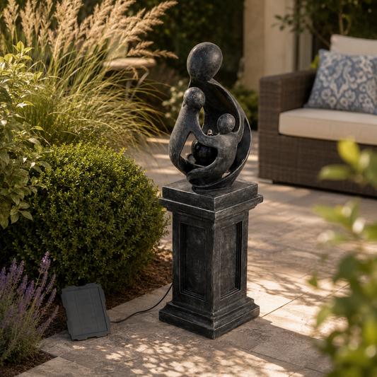Sculptural Resin Fountain with Pedestal Base and LED Lights – Indoor/Outdoor Modern Water Feature