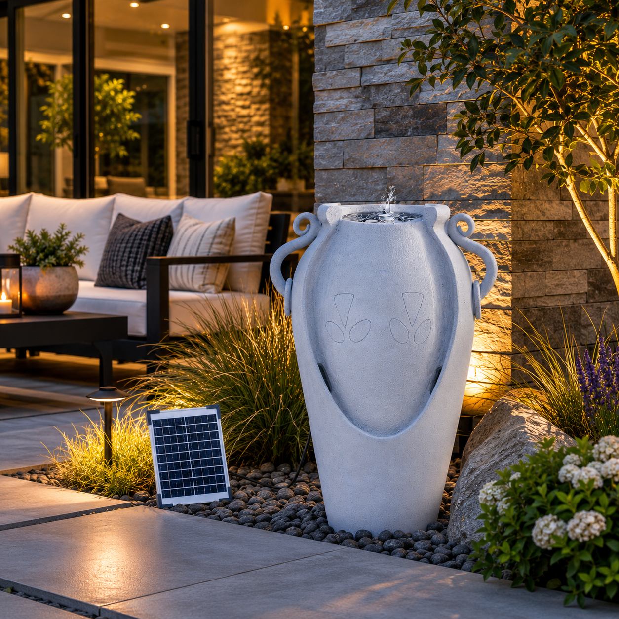 34" Solar Pot Fountain, Amphora-Inspired Design, Outdoor Water Fountain, Polyresin, Gray
