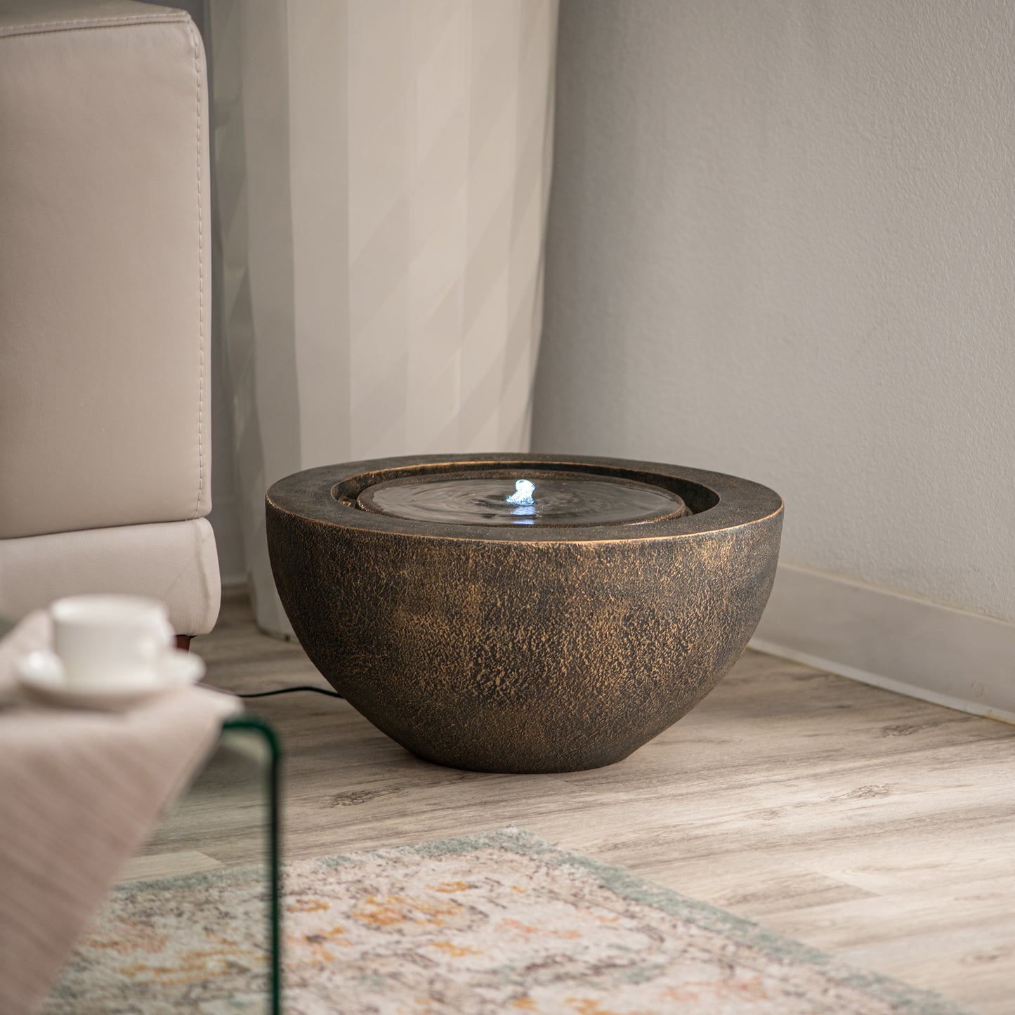 19.8"W Round Polyresin Indoor/Outdoor Sphere Water w/LED Light Bowl Fountain