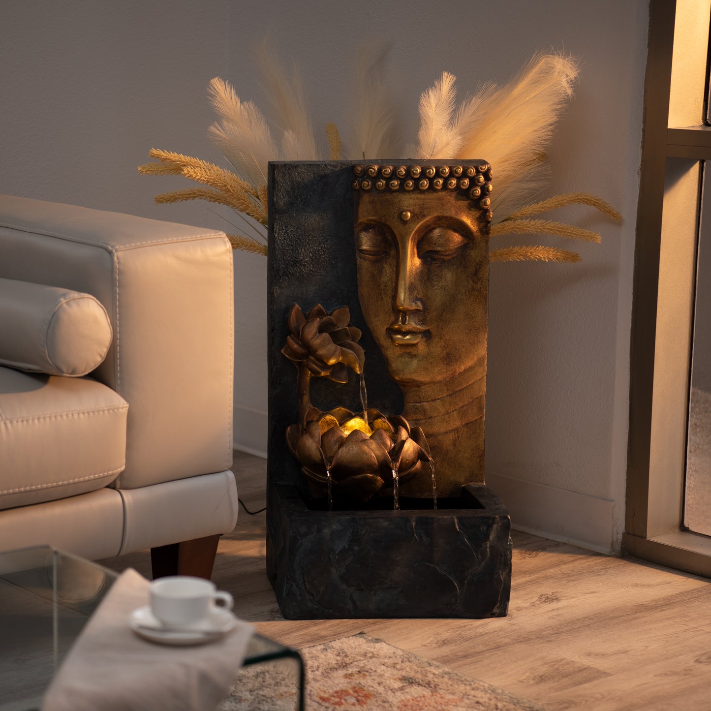 30" Zen Buddha Face Water Fountain w/ LED light & Pump Natural Polyresin