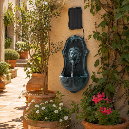 30" Solar-Powered Wall-Mounted Lion Head Fountain, Resin, Outdoor, Gray