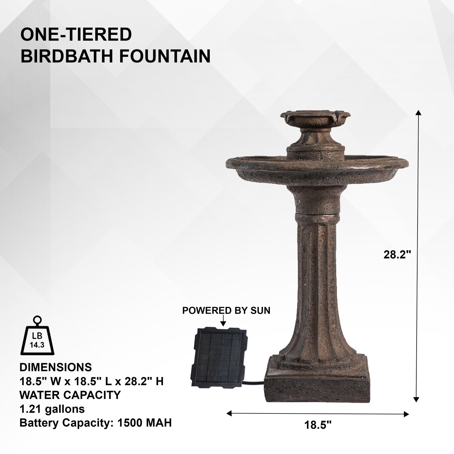 Solar Fountain 28" Tall - Brown Solar Birdbath Fountain – Outdoor Water Feature with Solar Panel & Pump