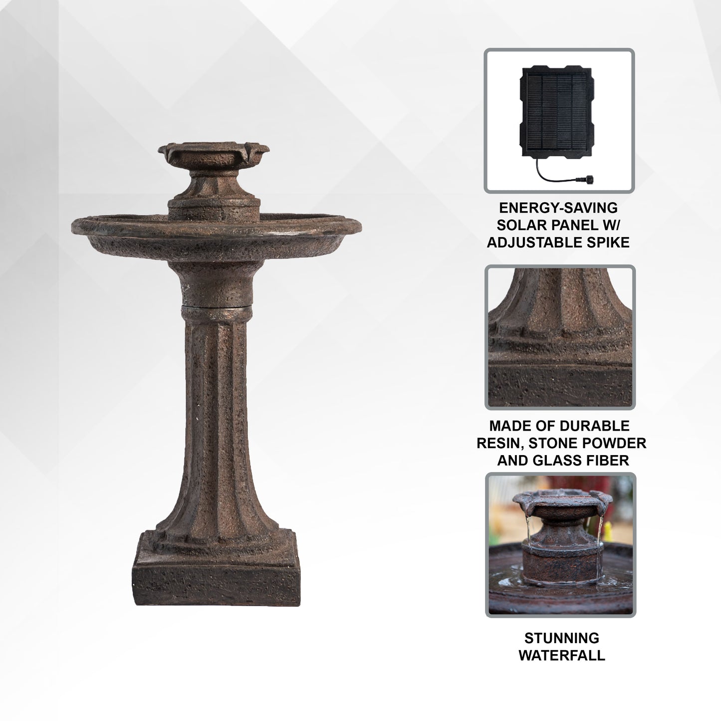 Solar Fountain 28" Tall - Brown Solar Birdbath Fountain – Outdoor Water Feature with Solar Panel & Pump