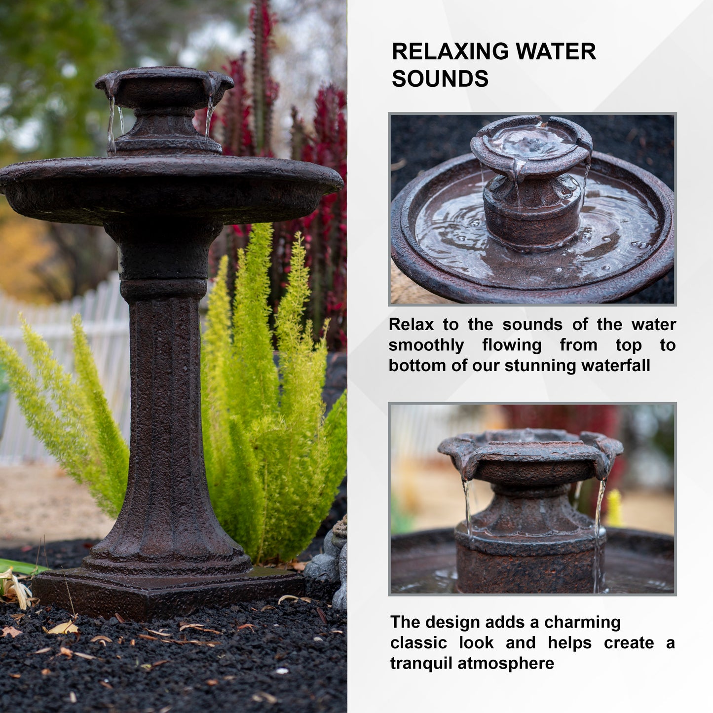 Solar Fountain 28" Tall - Brown Solar Birdbath Fountain – Outdoor Water Feature with Solar Panel & Pump