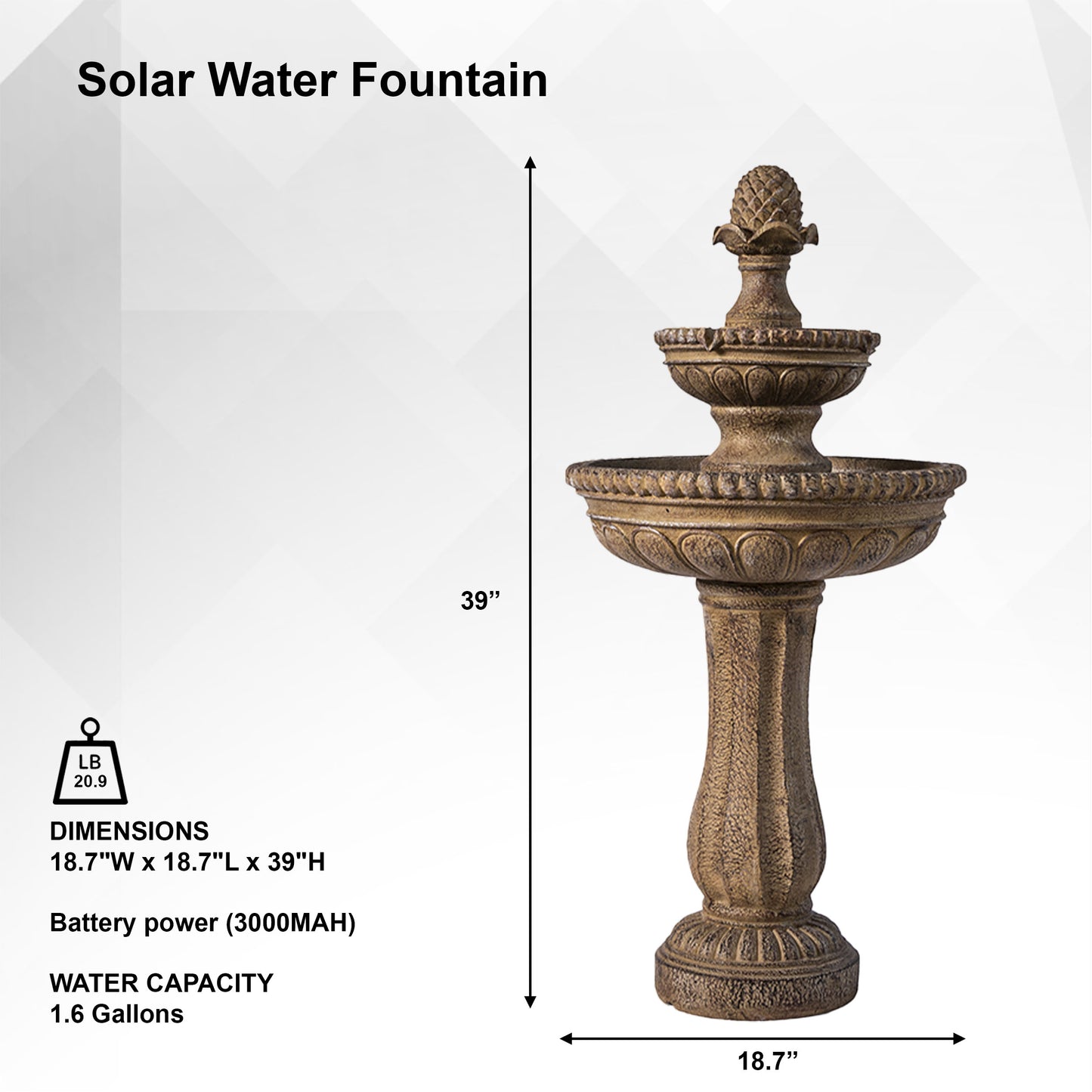 Solar Fountain 39" Tall - Sandstone 2-Tier Solar Water Fountain – Classic Outdoor Feature with Solar Panel & Pump