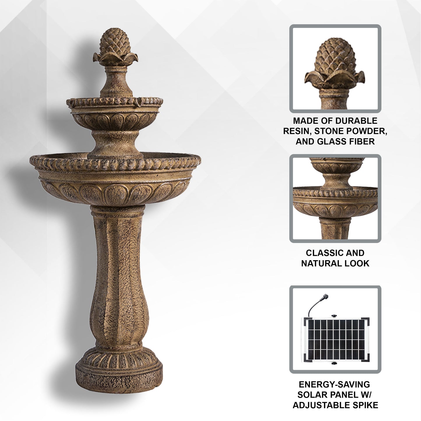 Solar Fountain 39" Tall - Sandstone 2-Tier Solar Water Fountain – Classic Outdoor Feature with Solar Panel & Pump