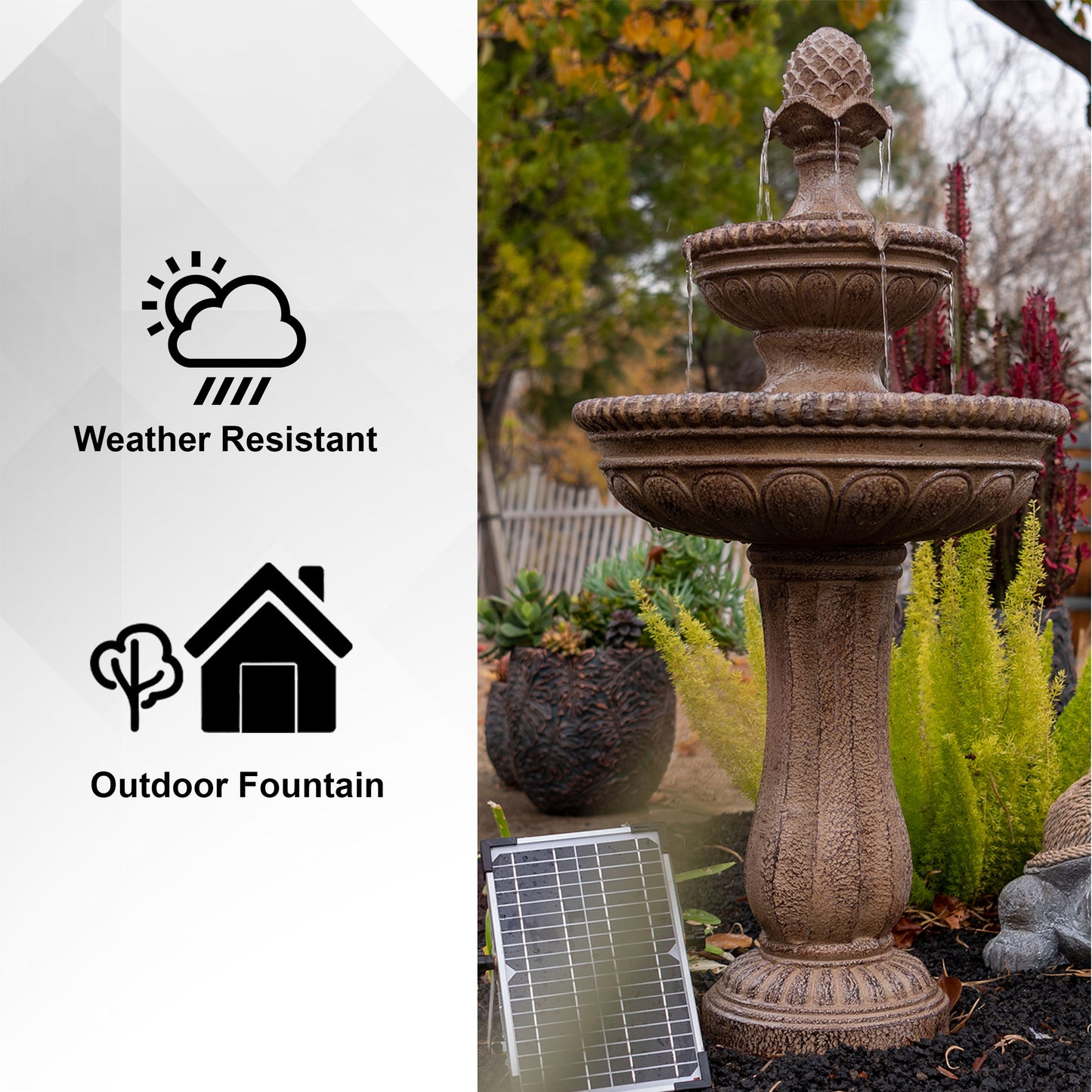 Solar Fountain 39" Tall - Sandstone 2-Tier Solar Water Fountain – Classic Outdoor Feature with Solar Panel & Pump