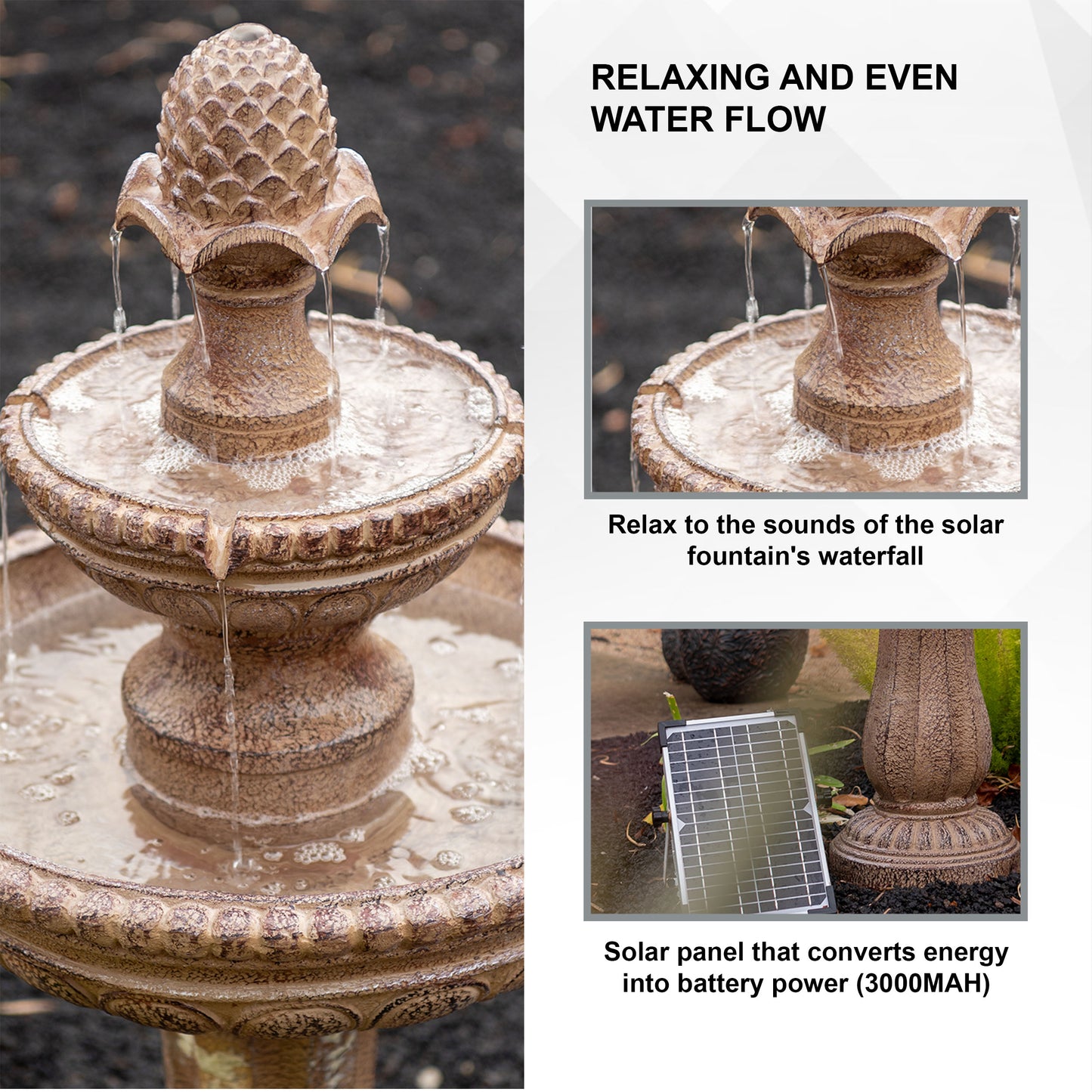 Solar Fountain 39" Tall - Sandstone 2-Tier Solar Water Fountain – Classic Outdoor Feature with Solar Panel & Pump