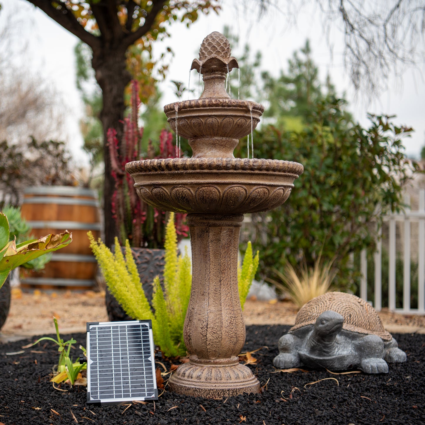 Solar Fountain 39" Tall - Sandstone 2-Tier Solar Water Fountain – Classic Outdoor Feature with Solar Panel & Pump
