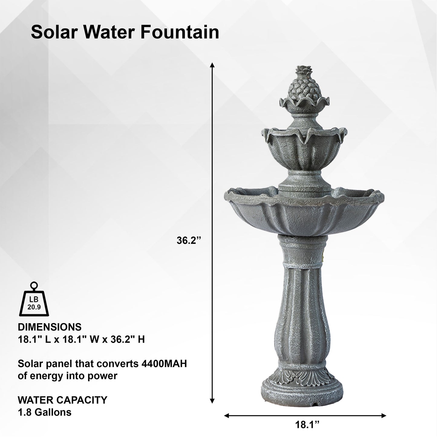 Solar Fountain 36" Tall - Grey 2-Tier Solar Water Fountain – Outdoor Resin Water Feature with Solar Panel & Pump