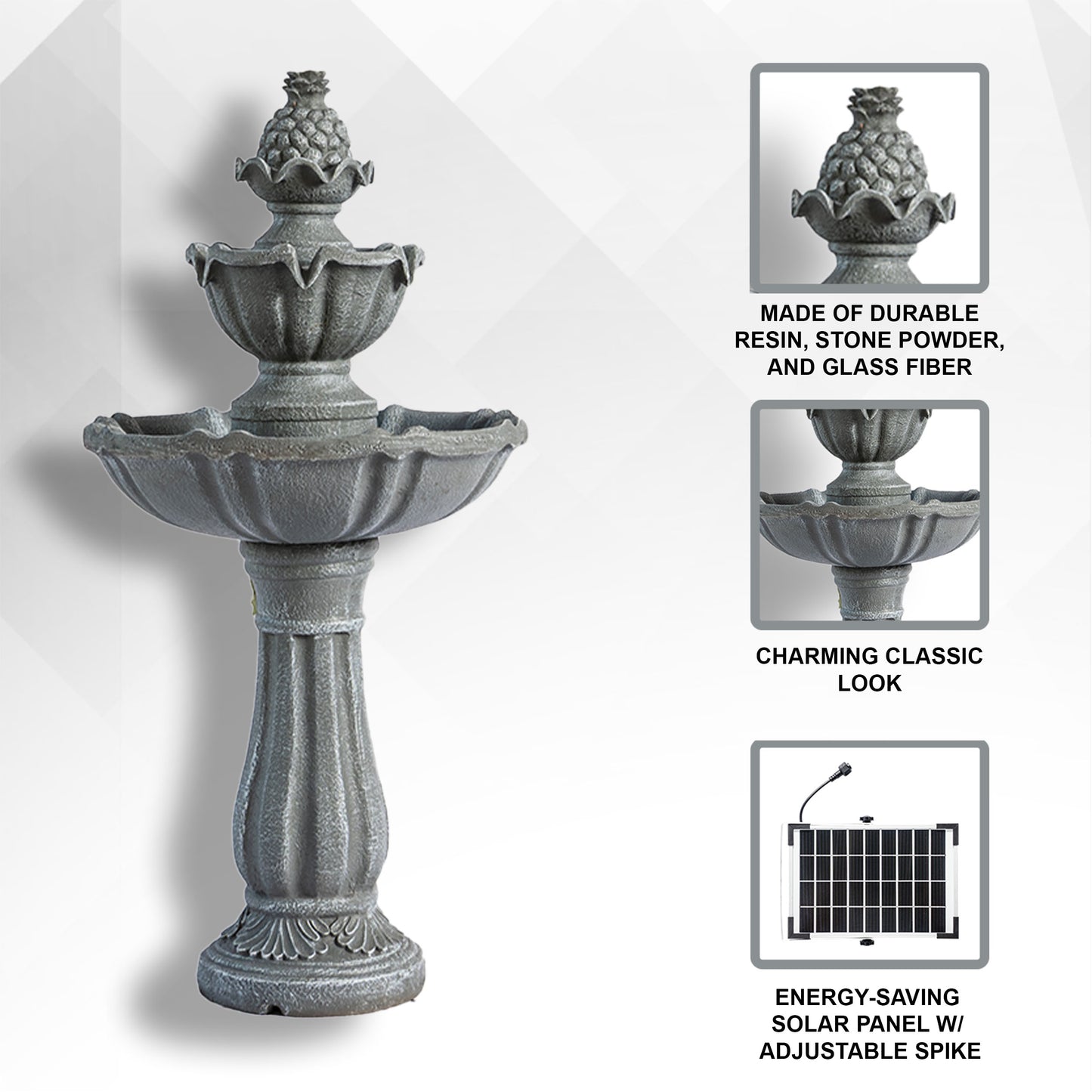 Solar Fountain 36" Tall - Grey 2-Tier Solar Water Fountain – Outdoor Resin Water Feature with Solar Panel & Pump