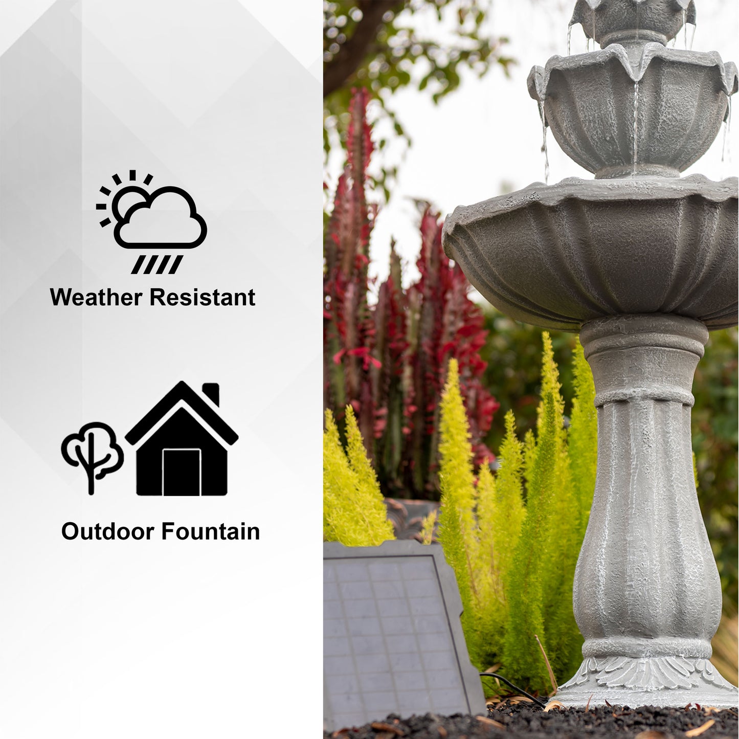 Solar Fountain 36" Tall - Grey 2-Tier Solar Water Fountain – Outdoor Resin Water Feature with Solar Panel & Pump